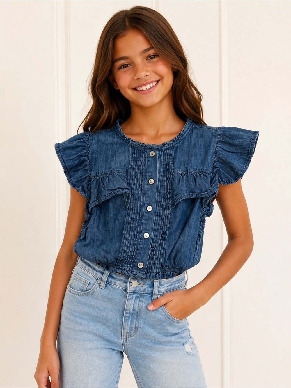 Gap x LoveShackFancy Girls Chambray Ruffle Sleeve Top Size Medium